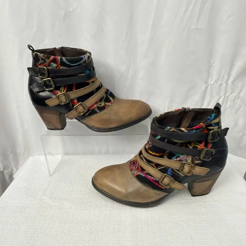 L’Artiste Boots Womens 8 Ankle Booties Brown Leather Block Heel Multicolor 38
